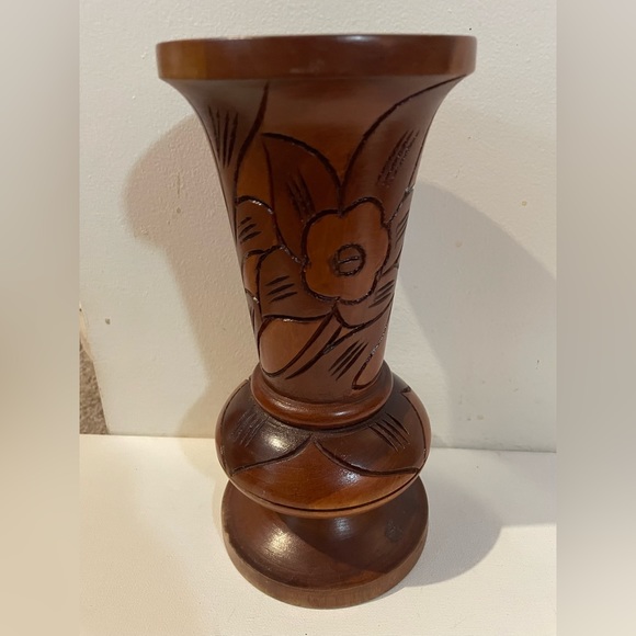 Vintage Hand Carved Wooden Pedestal Vase With Flower/Leaf Design 9” - Picture 6 of 11